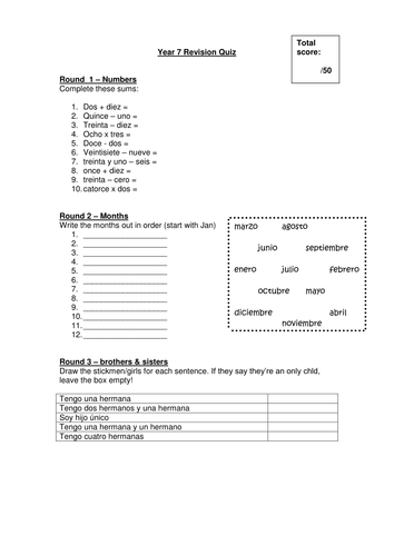 Year 7  Spanish revision quiz