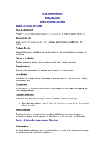 AQA Unit 1 Revison resource for students-key terms
