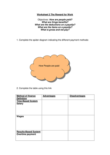 Worksheet 3 The Reward for work