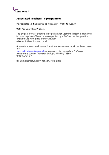 Teachers TV: Personalised Learning - Talk to Learn