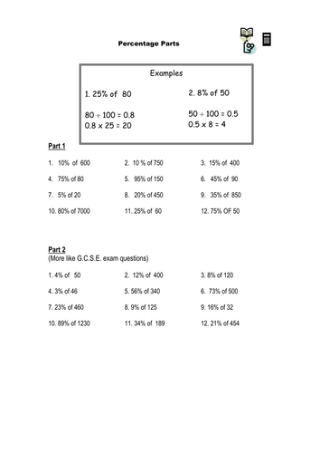 Percentages Questions, Worksheets and Revision
