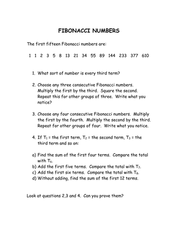 Fibonacci Worksheet Ks3 Ks4 By Mrbartonmaths Teaching Resources Tes