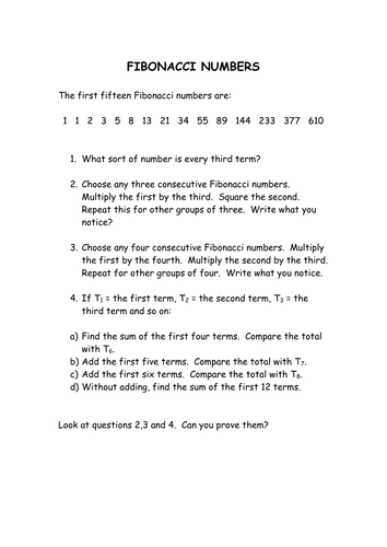 Fibonacci Worksheet: KS3 KS4