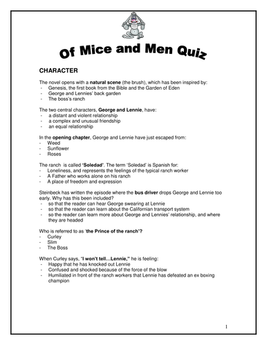 Of Mice And Men Revision Multiple Choice Quiz Teaching Resources