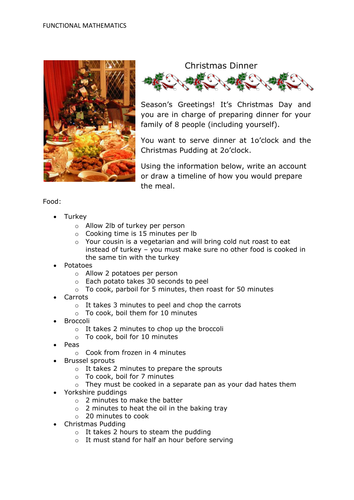 KS3 Functional Maths Task - Christmas Dinner