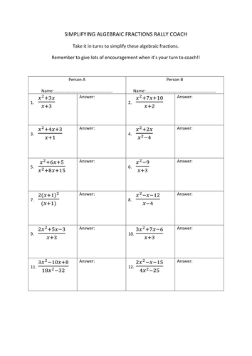Algebraic Fractions Rally Coach | Teaching Resources