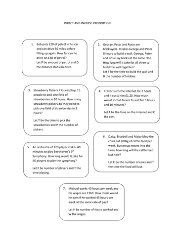 Direct and inverse proportion card sort game