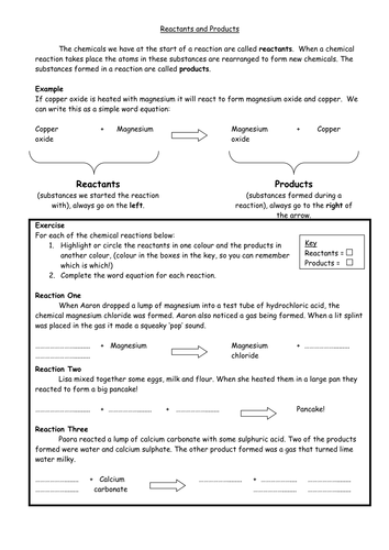 Reactants and Products Worksheet