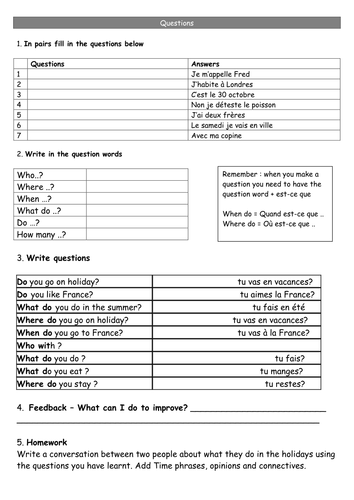 Ppt And Worksheet On Question Words In French Teaching Resources