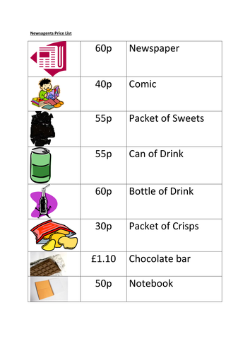 Newsagents Price List