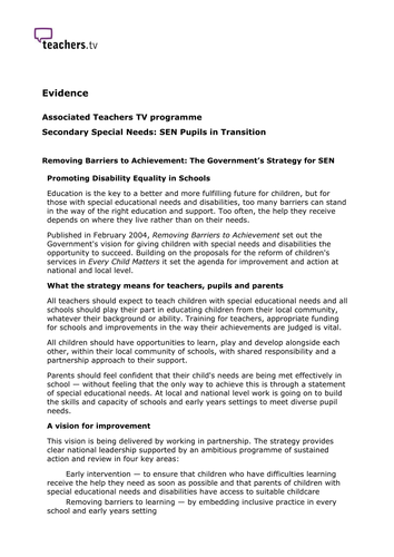 Teachers TV: SEN Pupils in Transition