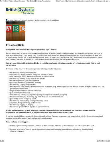 Indications of Dyslexia in Pre School children