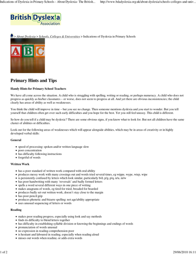Indications of Dyslexia in Primary School