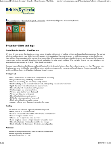 Indications of Dyslexia in Secondary School