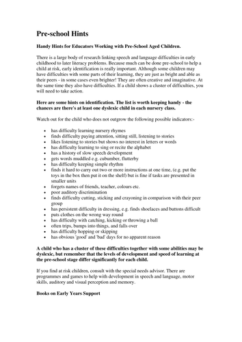 Indications of Dyslexia in Pre School children