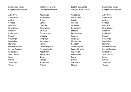 Printable KS3 English Keywords Bookmark Template