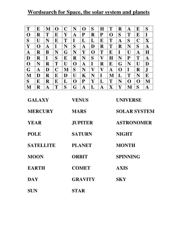 wordsearch for keywords about space and planets