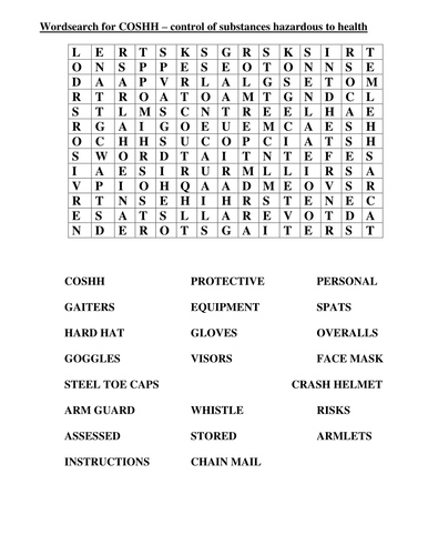 Wordsearch for keywords connected to COSHH | Teaching Resources