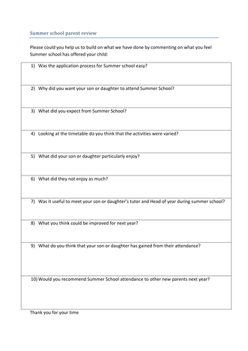 Parent Questionnaire Template Pro Forma
