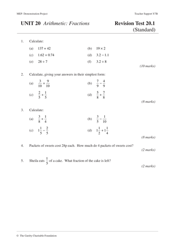 fractions mep year 7 unit 20 teaching resources