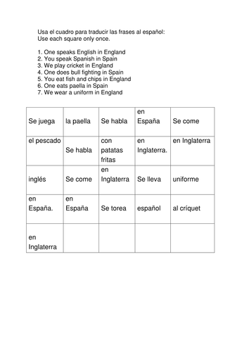 Worksheet sentence building