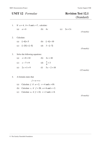 KS3 Algebra – Formulae (MEP – Year 8 – Unit 12)