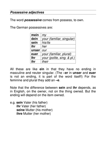 Possessive adjectives and rows