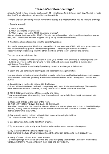 ADHD - Teacher's Reference Page