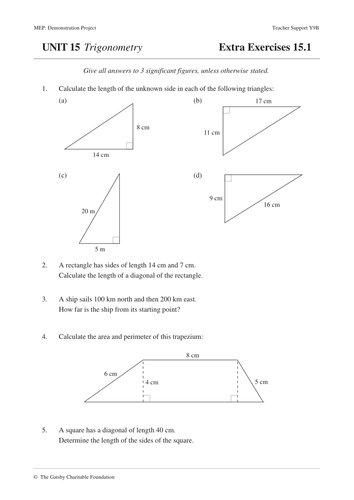 trigonometry mep unit 15 year 9 worksheets teaching resources