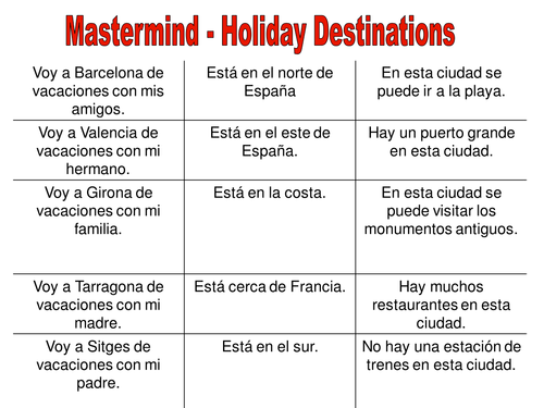 Mastermind - Spanish Holidays example