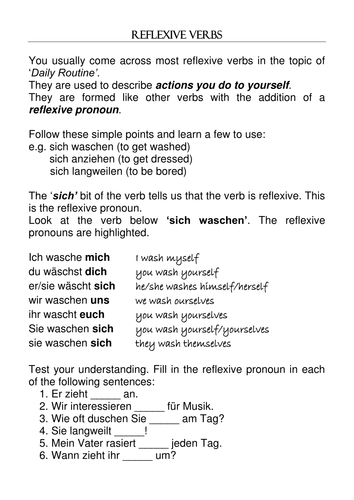 Reflexive Verb Note Exercises Teaching Resources