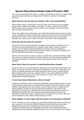 Special Educational Needs Code of Practice 2002