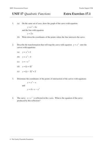 Quadratic Functions Mep Year 9 Unit 17