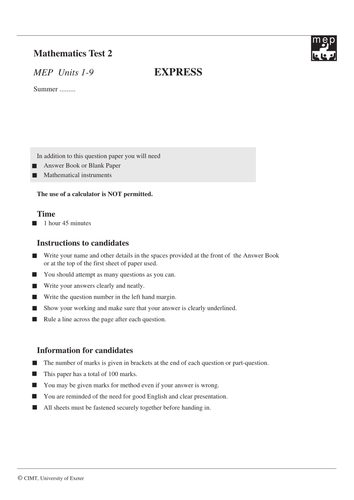 MEP GCSE Unit Tests - worksheets