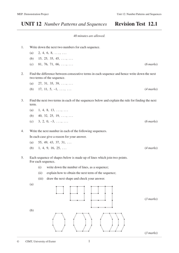 Number Patterns (MEP – GCSE) lesson , worksheet