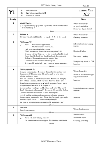 Lesson on operations, equations to 11