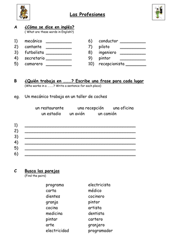 vocabulary school middle worksheet Work & by Jobs: Los profesiones empleos Las & Spanish