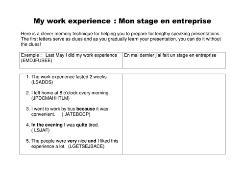 French memory accelerated learning work experience