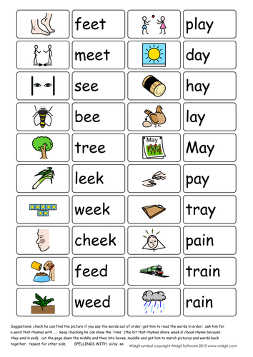 Vowel digraphs ai/ay and ee (illustrated Widgit)