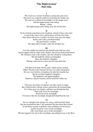 Worksheets Highwayman Poem the highwayman by alfred noyes teach first teaching resources tes