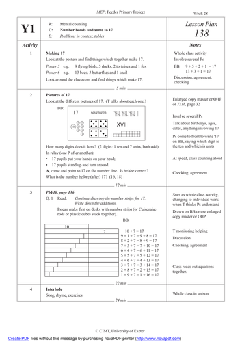 Number bonds and sums to 17, lesson 1