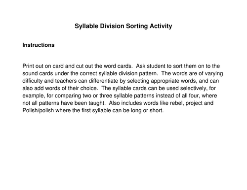 spelling syllable division sorting activity sen teaching resources