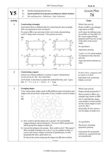 Yr 5 Special Quadrilaterals : Lesson 76