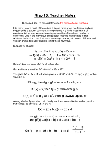 The composition of functions fg = gf