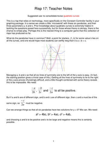 Six Parabolas, Quadratic graphs revision