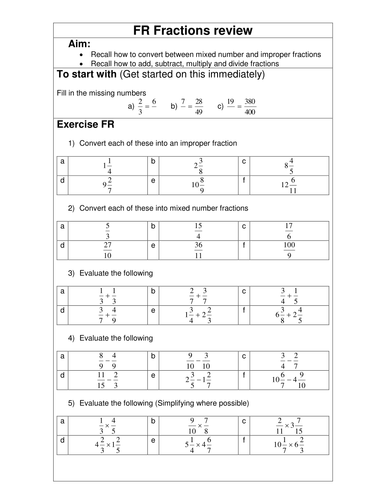 Fractions review worksheet | Teaching Resources