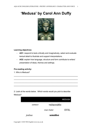 'Medusa' by Carol Ann Duffy Teaching Resources