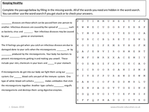 B2 OCR - Keeping Healthy Wordsearch with Cloze