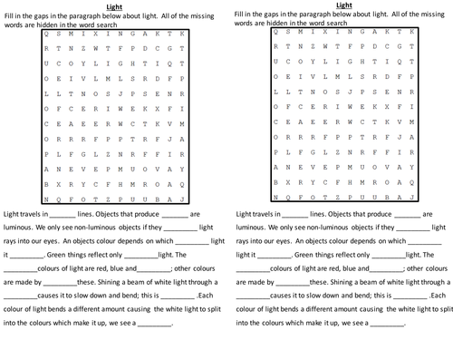 Light wordsearch and cloze + refraction diagrams