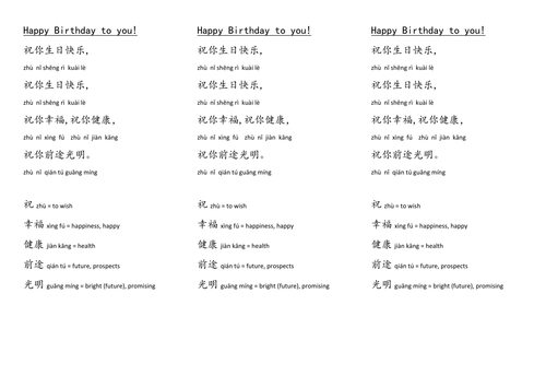 Happy Birthday Song In Chinese Teaching Resources